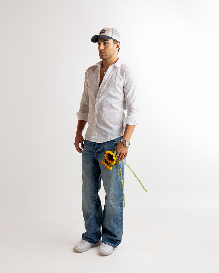 White Full Sleeve Linen Blended Shirt