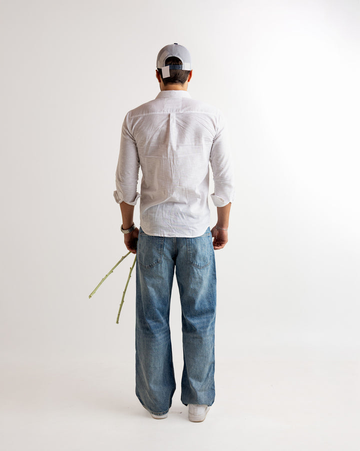 White Full Sleeve Linen Blended Shirt