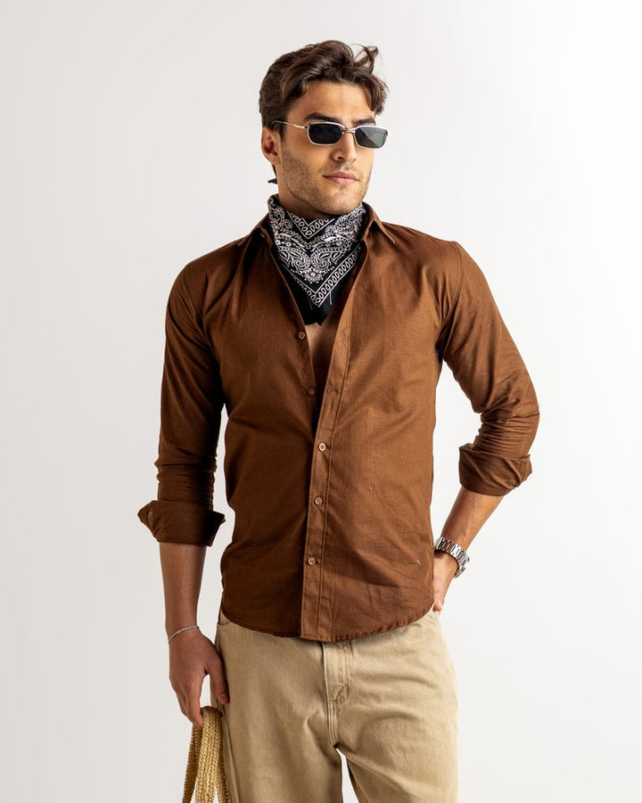 Brown Full Sleeve Linen Blended Shirt