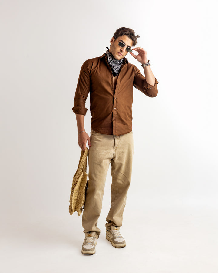 Brown Full Sleeve Linen Blended Shirt