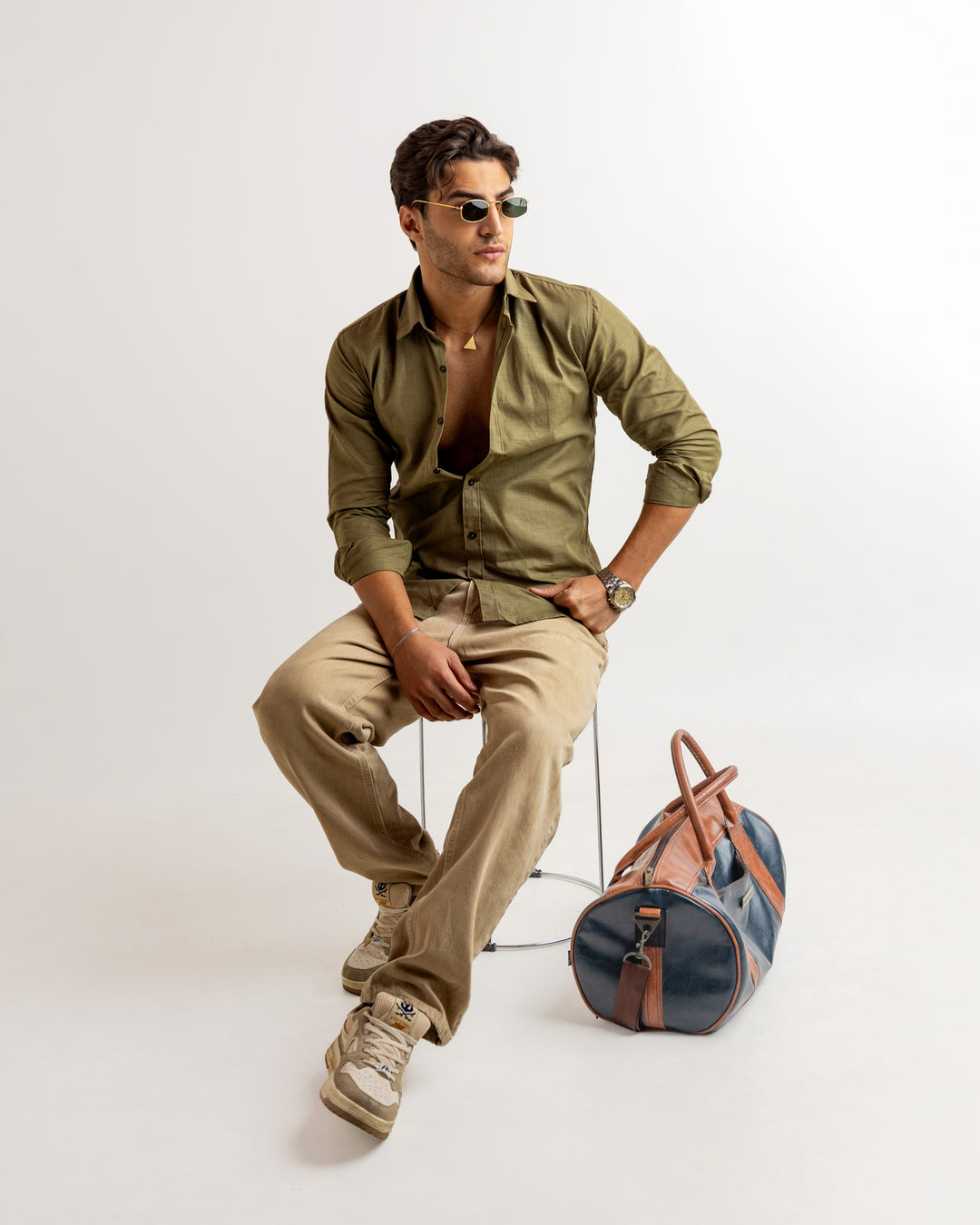 Green Full Sleeve Linen Blended Shirt