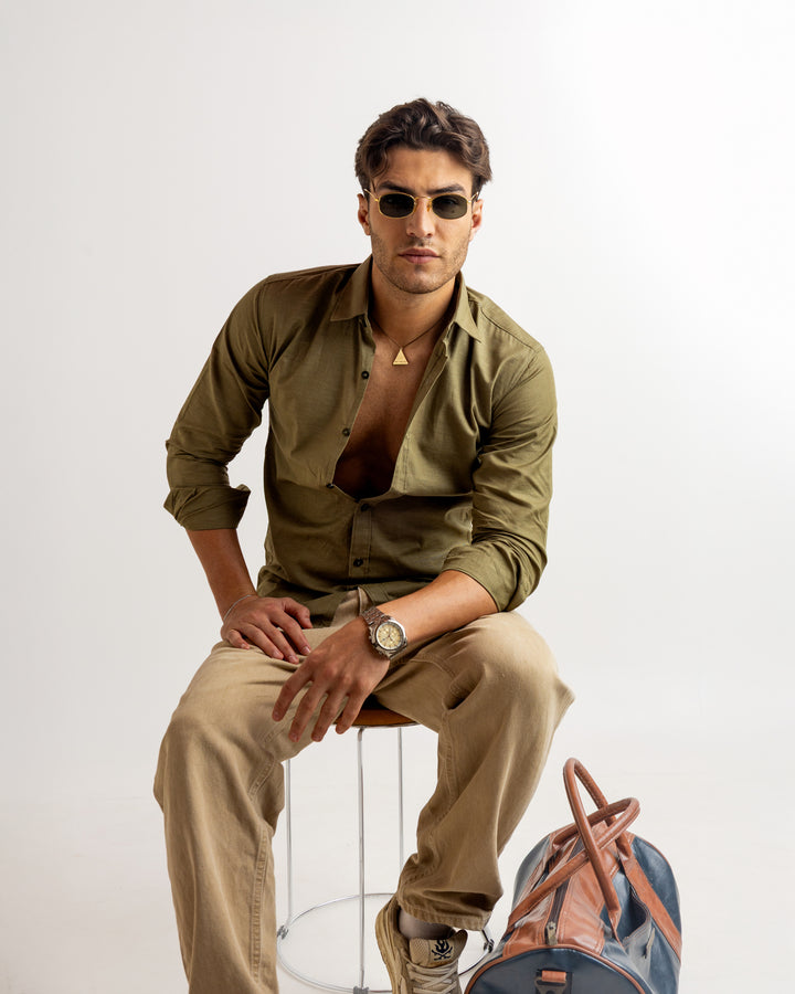 Green Full Sleeve Linen Blended Shirt