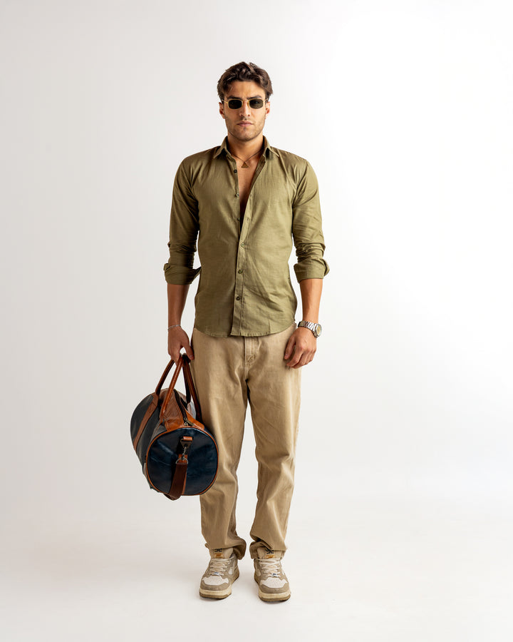 Green Full Sleeve Linen Blended Shirt