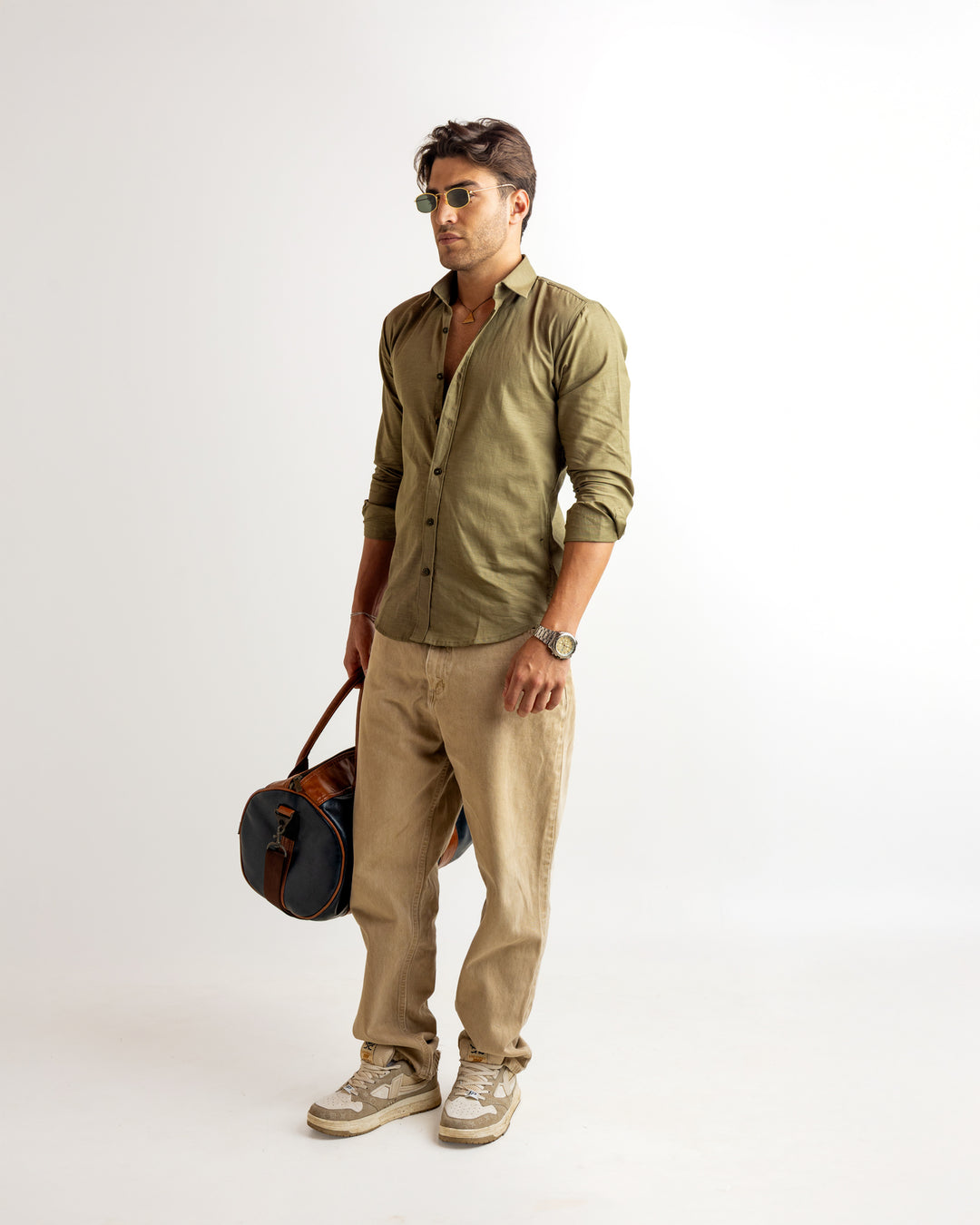 Green Full Sleeve Linen Blended Shirt