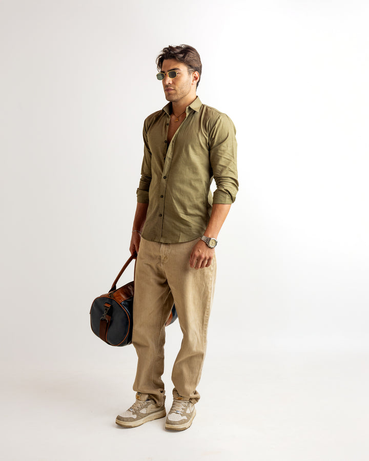 Green Full Sleeve Linen Blended Shirt