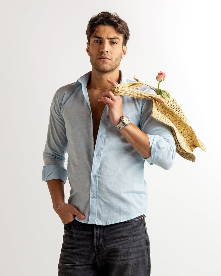 Blue Full Sleeve Linen Blended Shirt