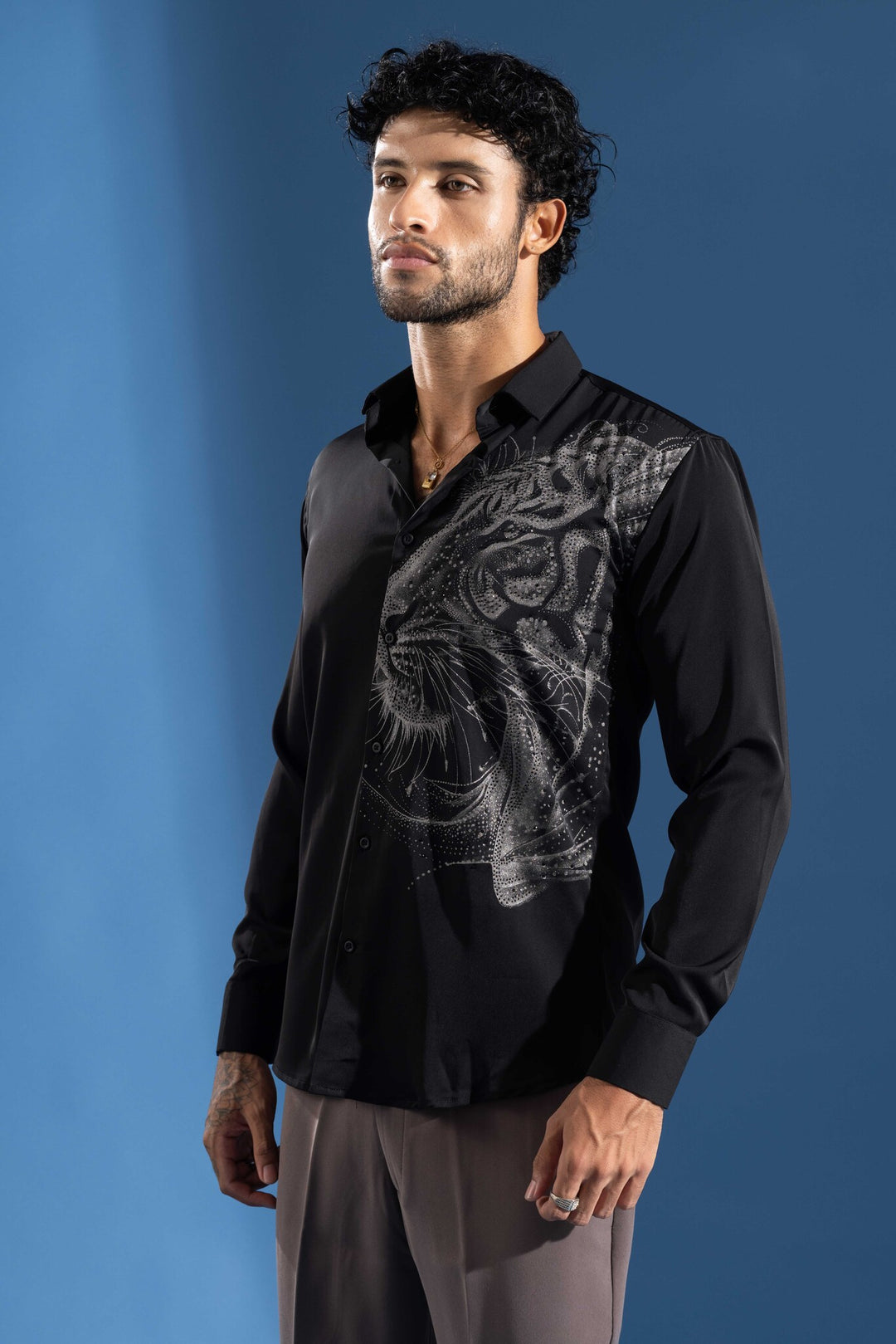 Black shirt designed for a bold, premium statement look.