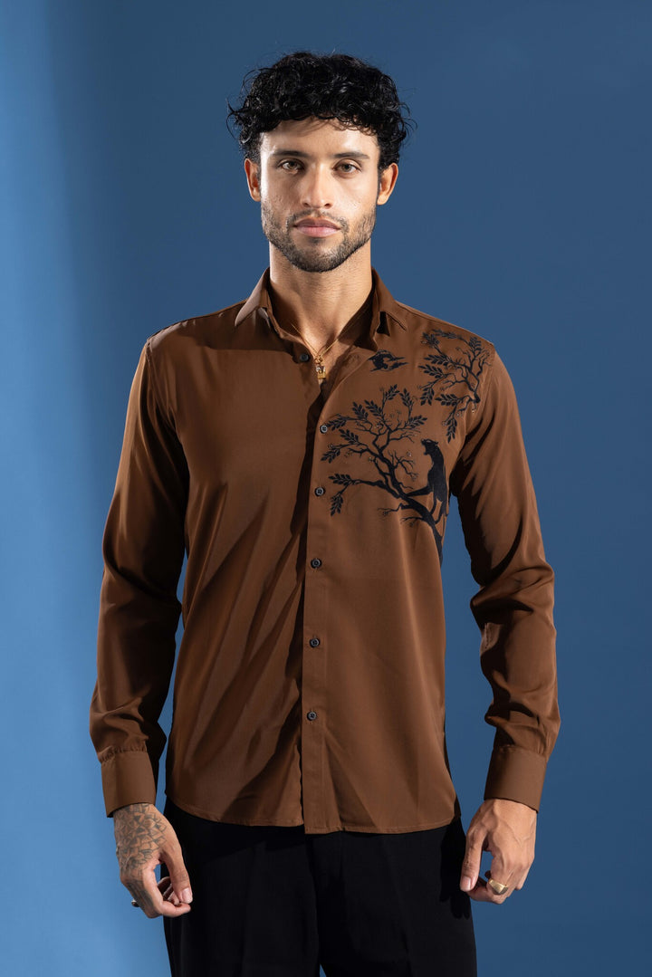 Brown Party Wear Shirt with Black Artistic Tree & Leopard Print