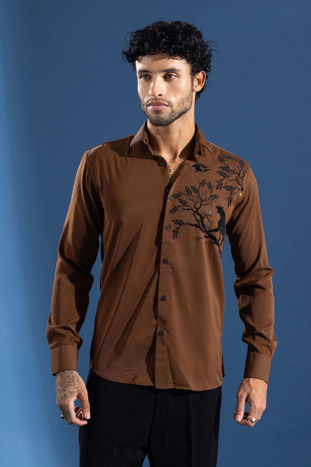 Brown Party Wear Shirt with Black Artistic Tree & Leopard Print
