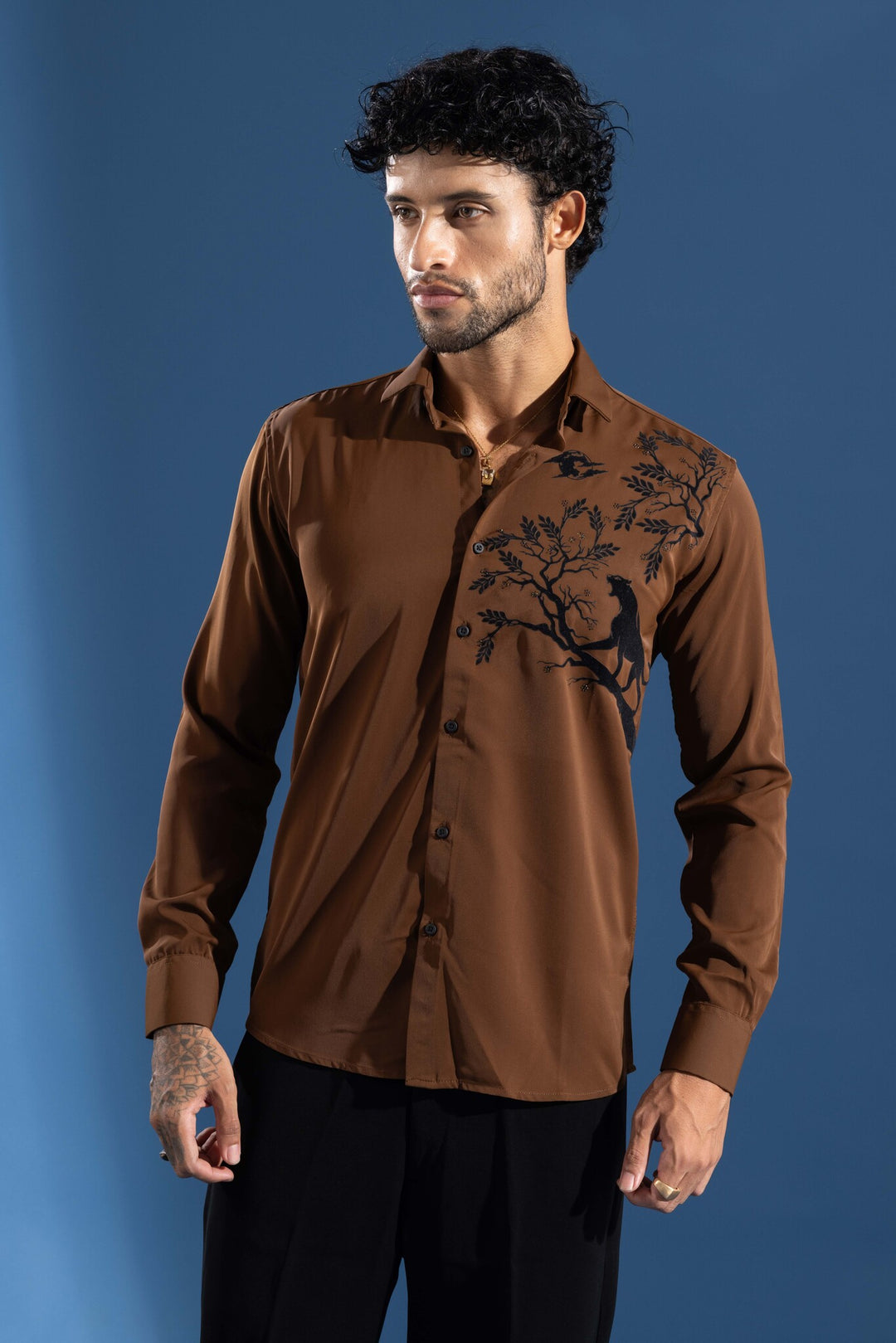 Brown Party Wear Shirt with Black Artistic Tree & Leopard Print