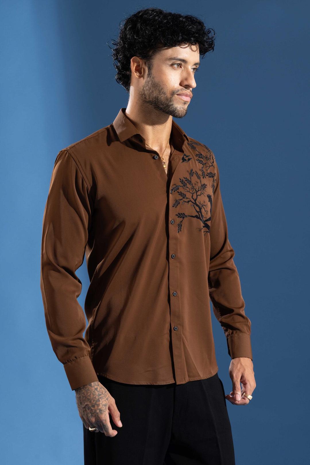 Brown Party Wear Shirt with Black Artistic Tree & Leopard Print