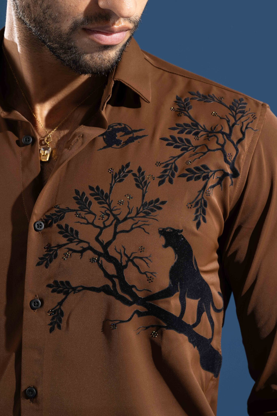 Brown Party Wear Shirt with Black Artistic Tree & Leopard Print