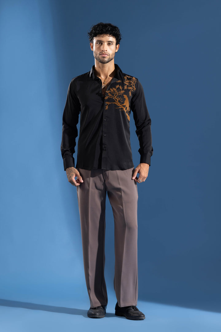 Black Party Wear Shirt with Orange Artistic Tree & leopard Print