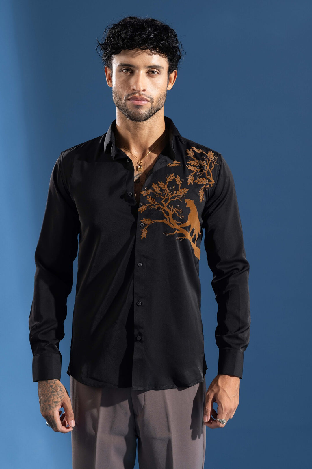 Black Party Wear Shirt with Orange Artistic Tree & leopard Print