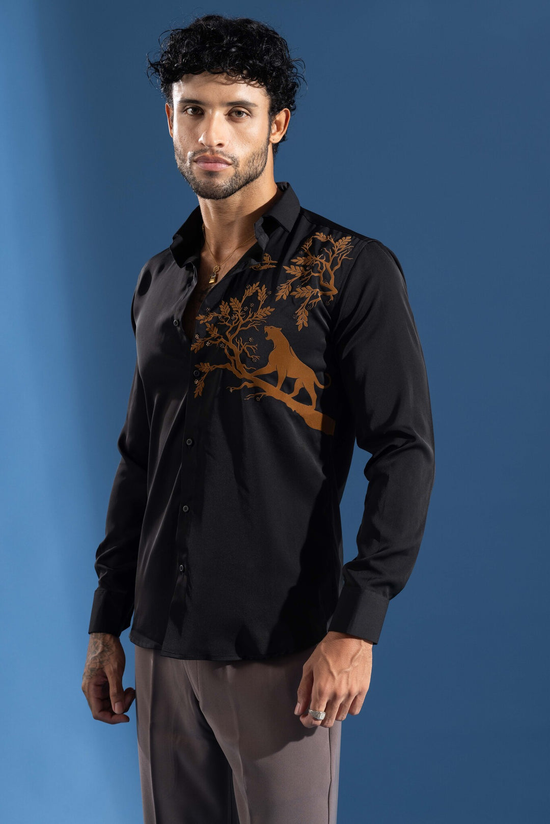 Black Party Wear Shirt with Orange Artistic Tree & leopard Print