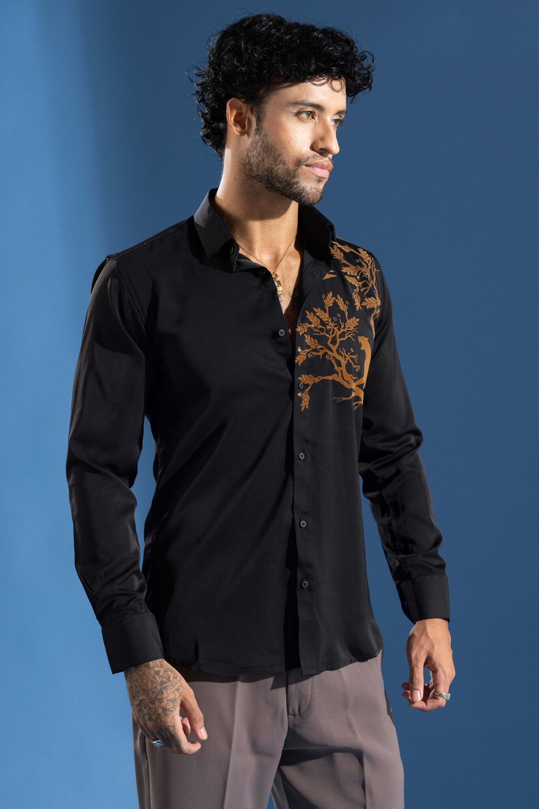 Black Party Wear Shirt with Orange Artistic Tree & leopard Print
