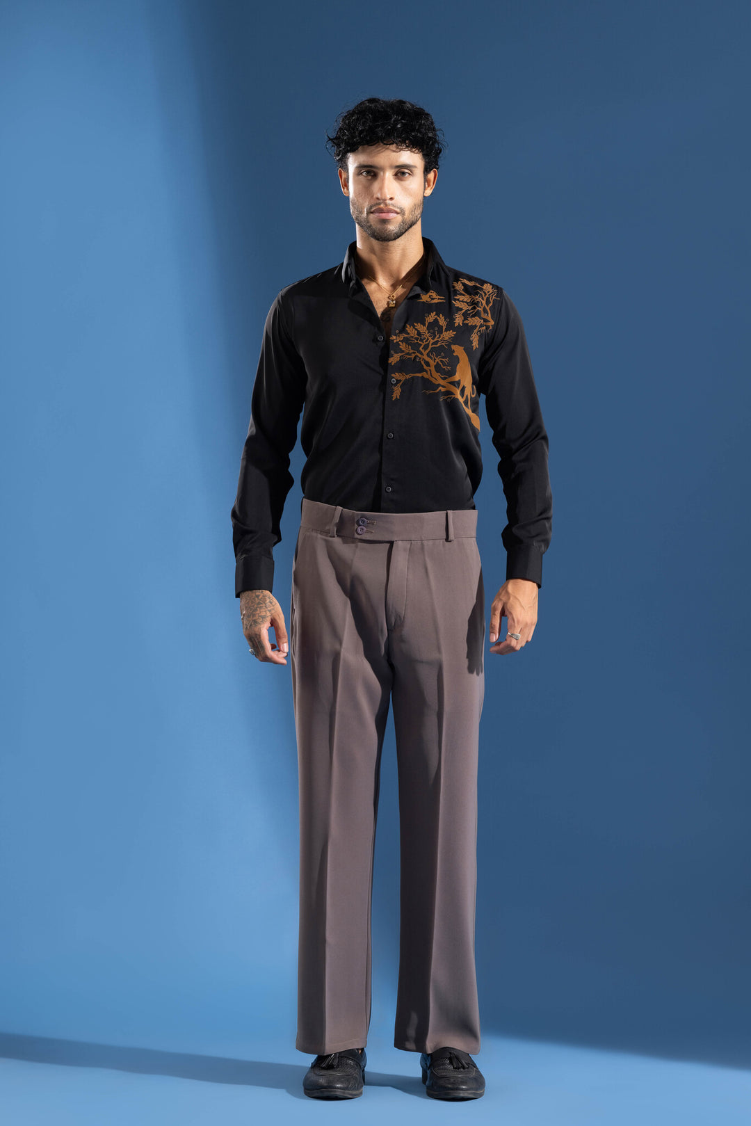 Black Party Wear Shirt with Orange Artistic Tree & leopard Print