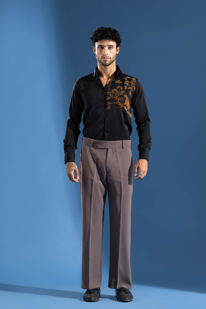 Black Party Wear Shirt with Orange Artistic Tree & leopard Print