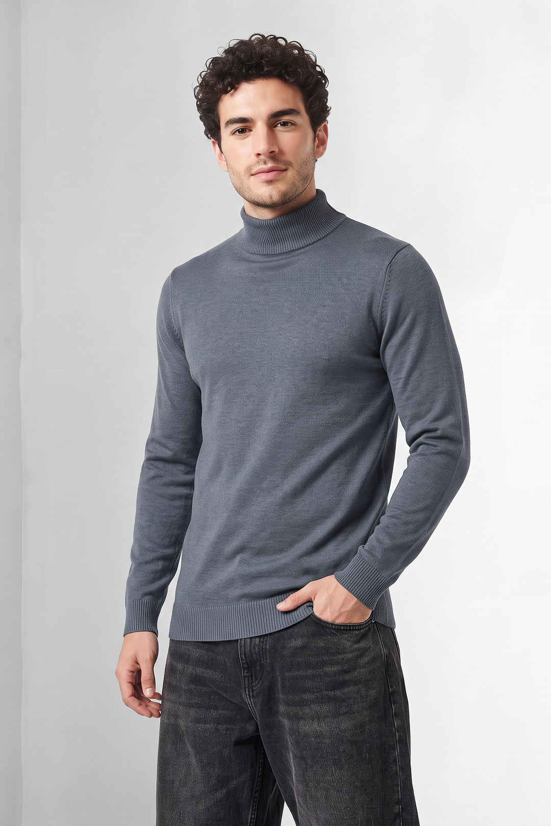 Blue Solid High Neck Full Sleeve Fine Knit Sweater