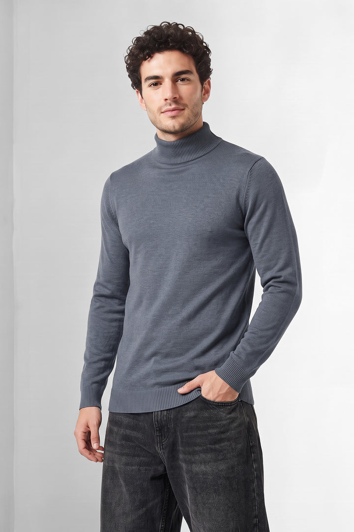 Blue Solid High Neck Full Sleeve Fine Knit Sweater