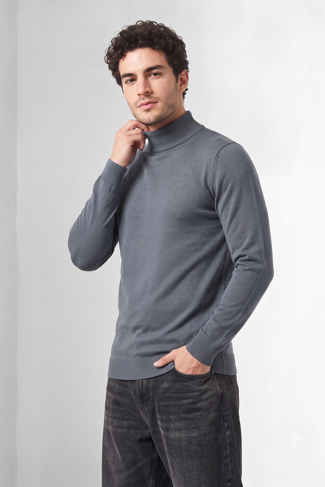 Blue Solid High Neck Full Sleeve Fine Knit Sweater