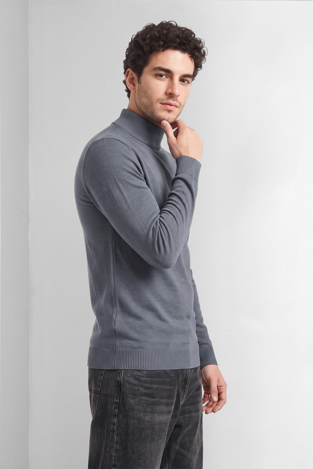 Blue Solid High Neck Full Sleeve Fine Knit Sweater