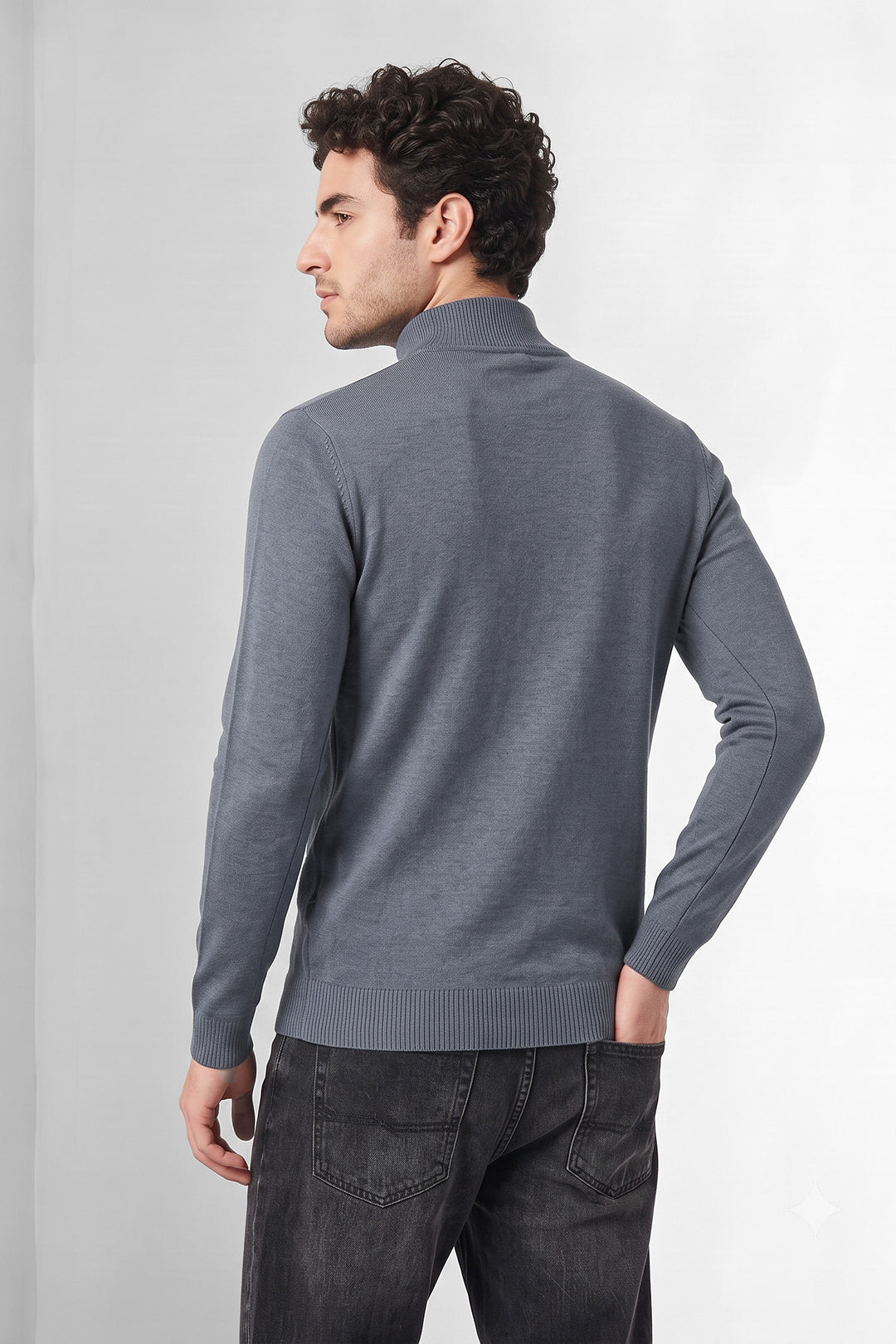 Blue Solid High Neck Full Sleeve Fine Knit Sweater