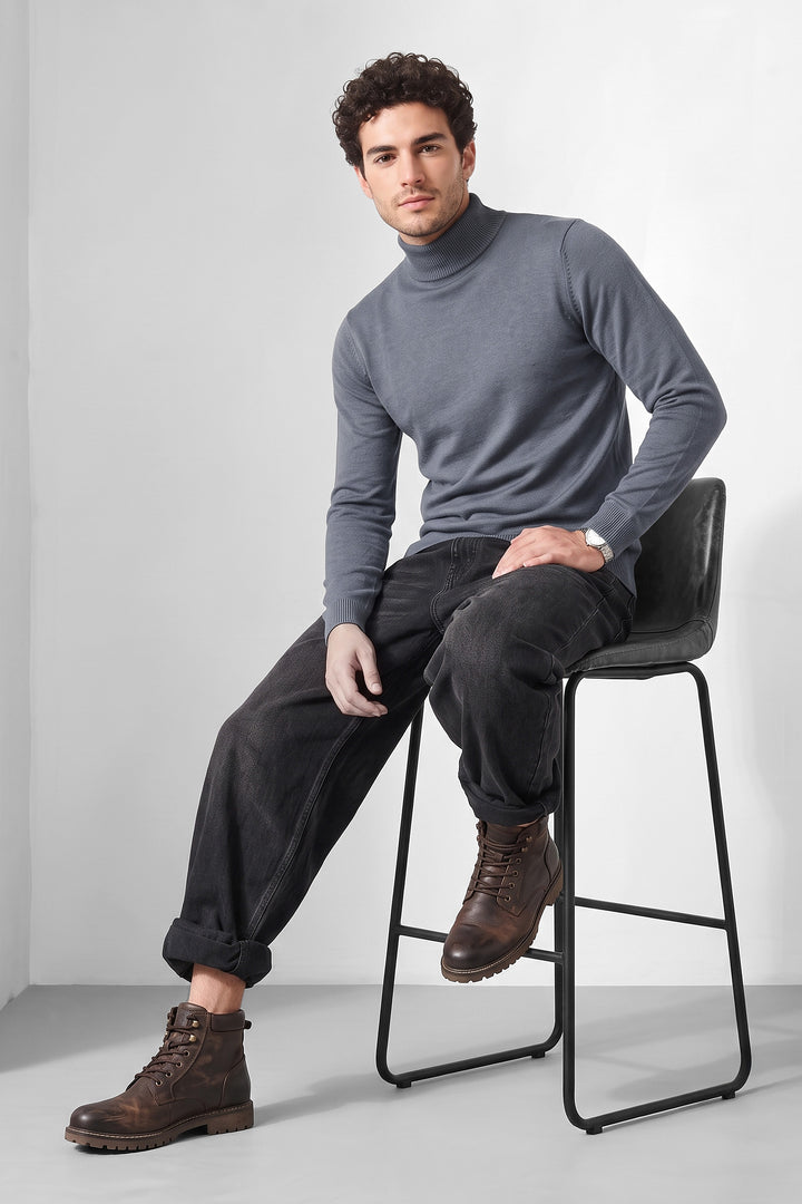 Blue Solid High Neck Full Sleeve Fine Knit Sweater