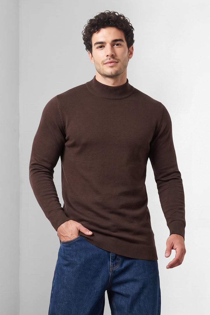 Brown Solid Mock neck Full Sleeve Fine-Knit Sweater
