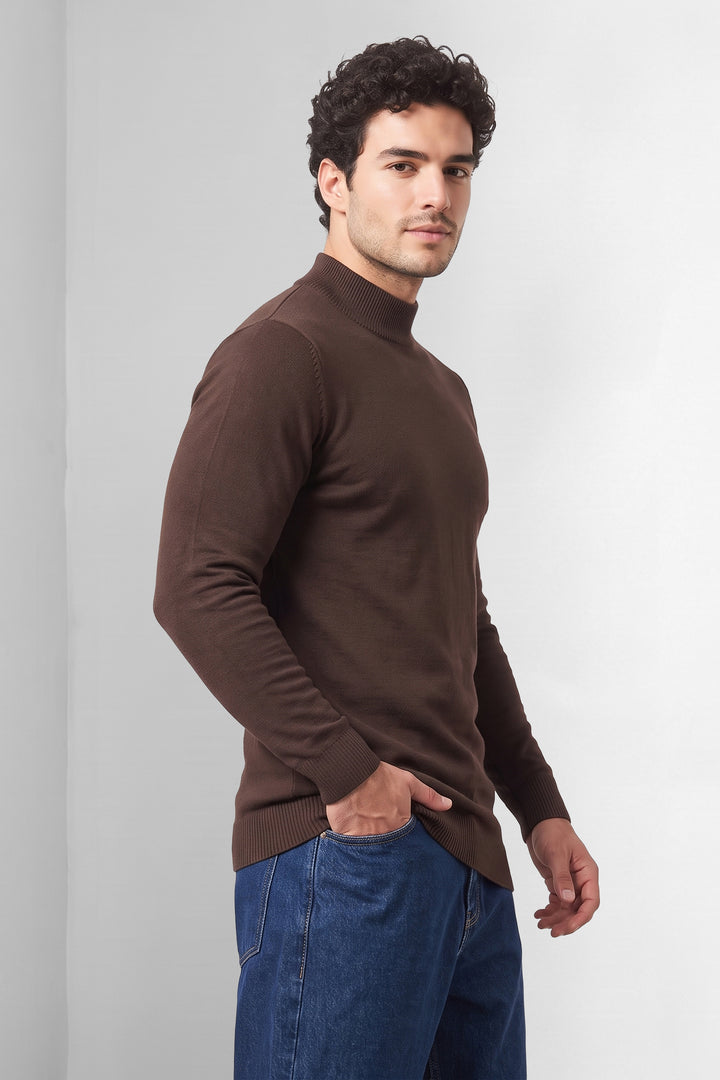 Brown Solid Mock neck Full Sleeve Fine-Knit Sweater