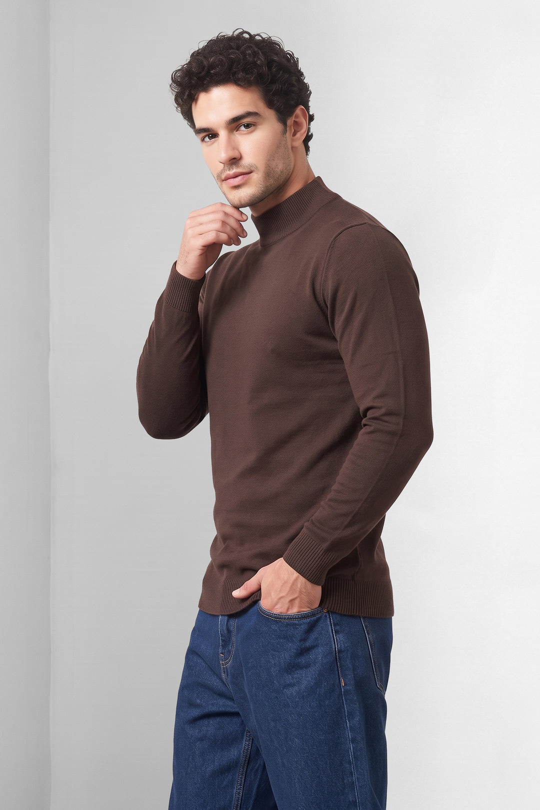 Brown Solid Mock neck Full Sleeve Fine-Knit Sweater