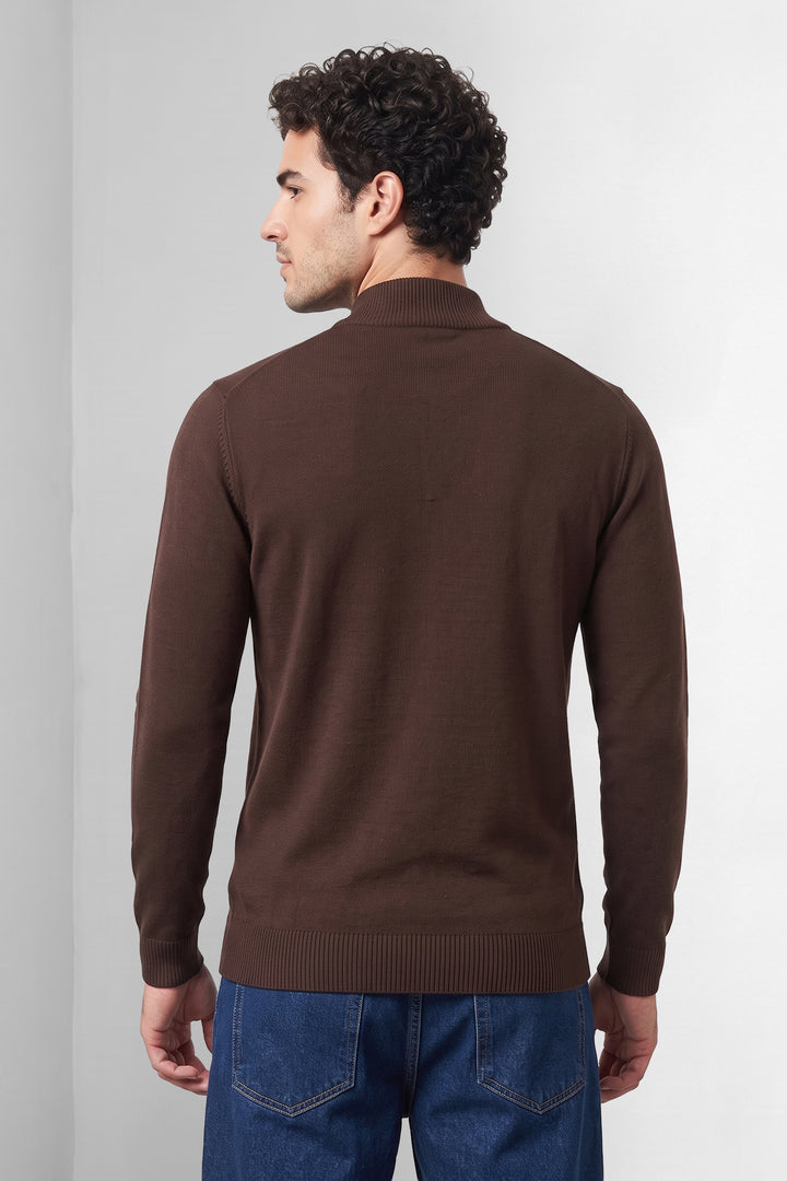 Brown Solid Mock neck Full Sleeve Fine-Knit Sweater