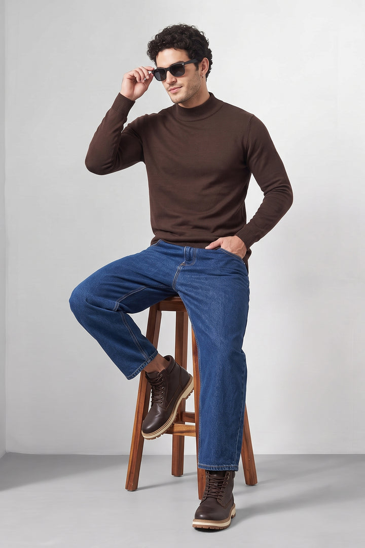 Brown Solid Mock neck Full Sleeve Fine-Knit Sweater
