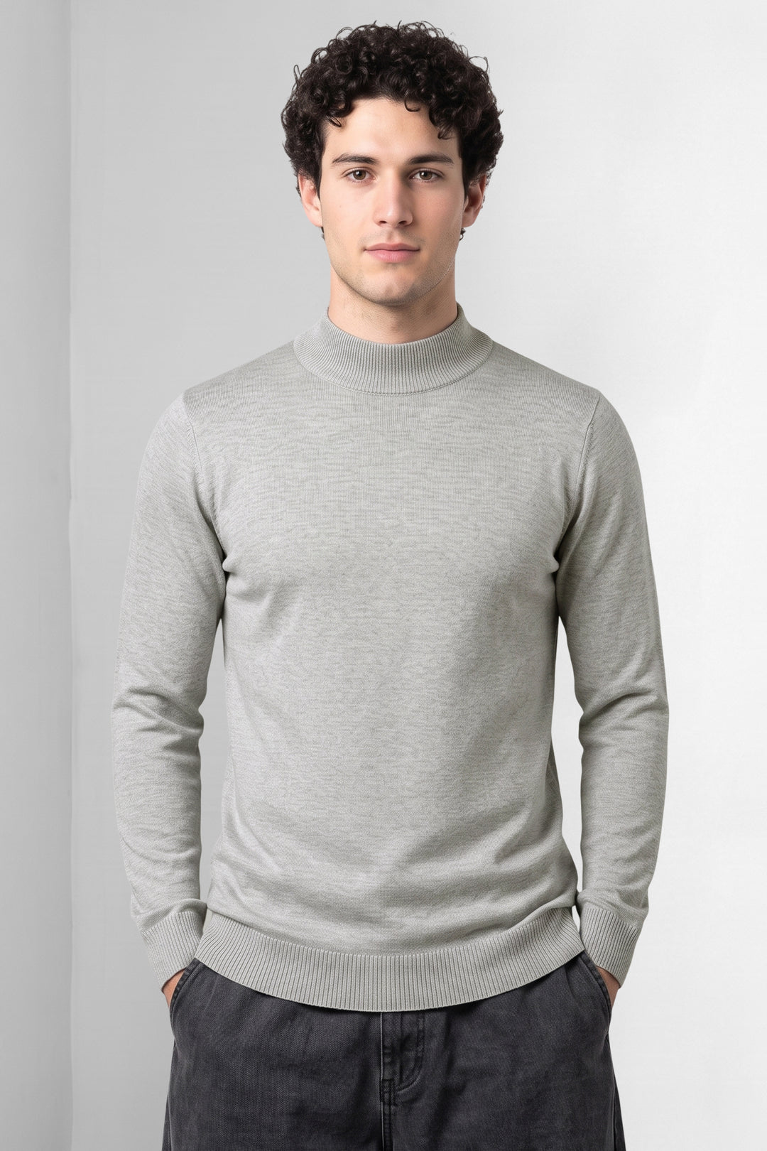 Grey Melange Solid Mock Neck Full Sleeve Ribbed Sweater
