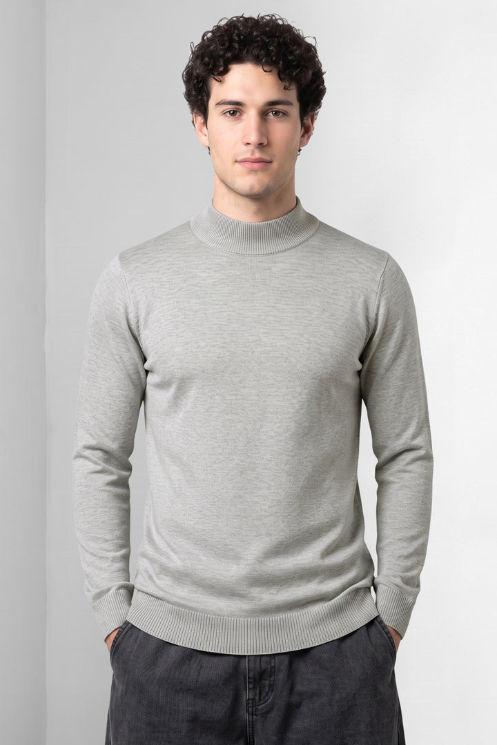 Grey Melange Solid Mock Neck Full Sleeve Ribbed Sweater