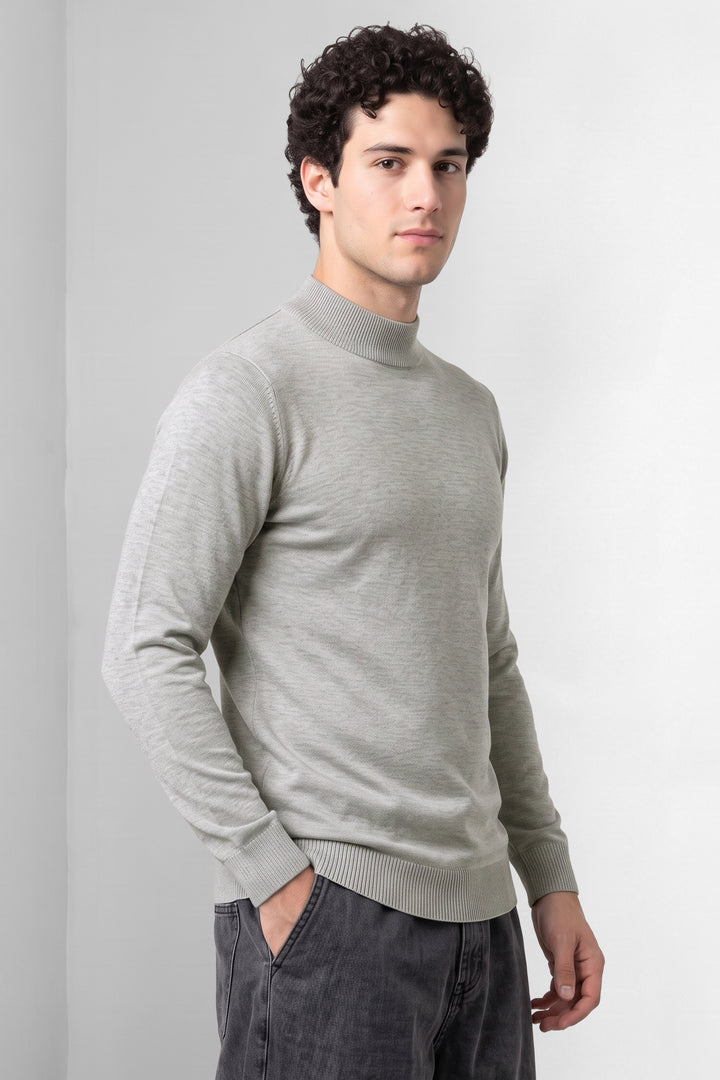Grey Melange Solid Mock Neck Full Sleeve Ribbed Sweater