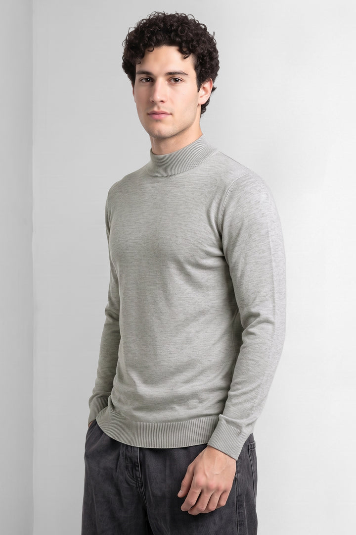 Grey Melange Solid Mock Neck Full Sleeve Ribbed Sweater