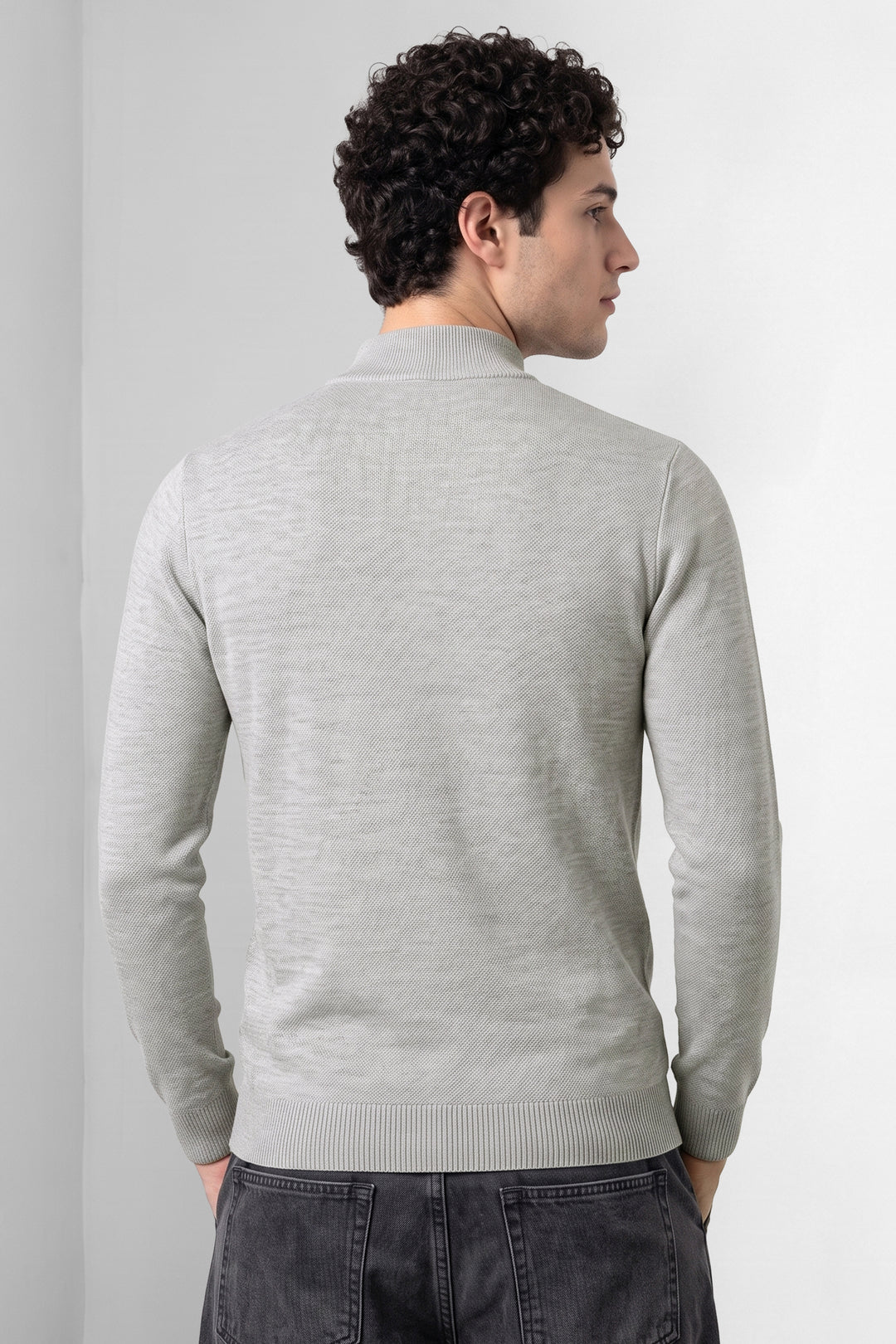 Grey Melange Solid Mock Neck Full Sleeve Ribbed Sweater