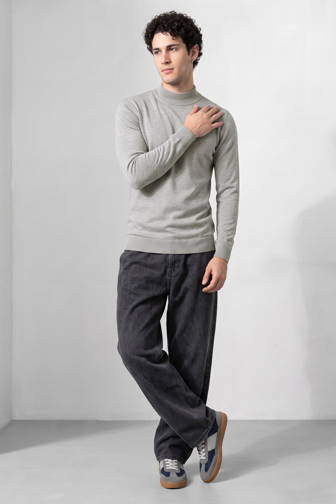 Grey Melange Solid Mock Neck Full Sleeve Ribbed Sweater