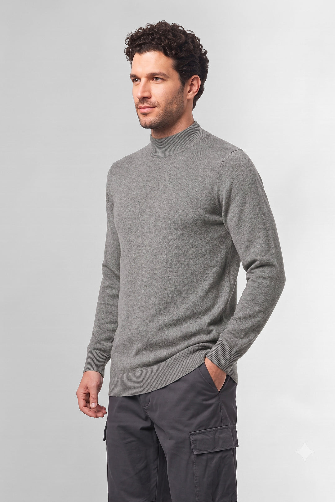 Grey Mockneck Full Sleeve Fine-Knit Sweater