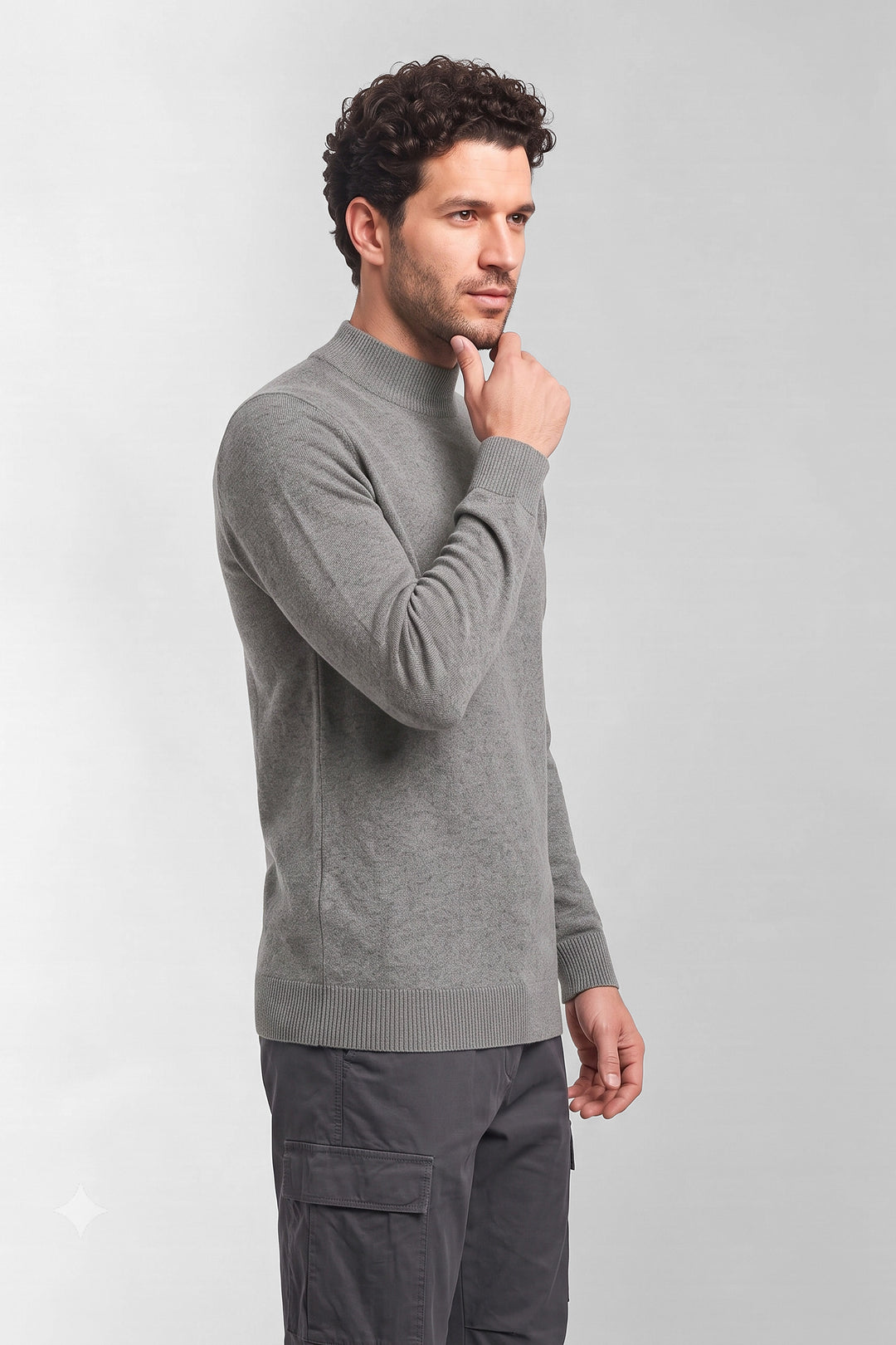 Grey Mockneck Full Sleeve Fine-Knit Sweater