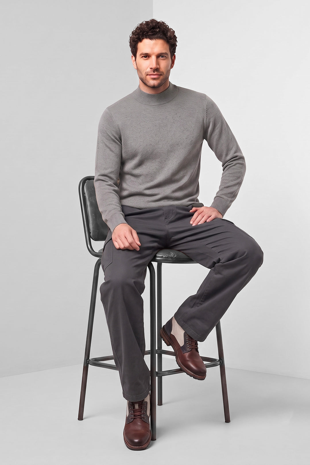 Grey Mockneck Full Sleeve Fine-Knit Sweater