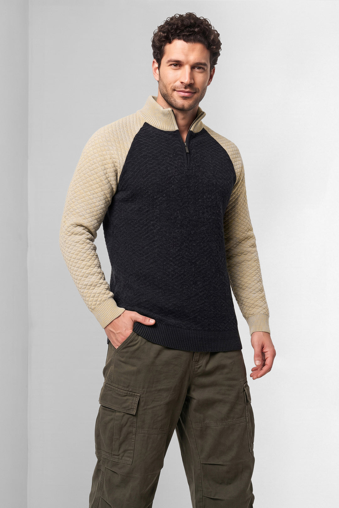Black Cream Men Textured Colorblock High Neck Half-Zip Sweater