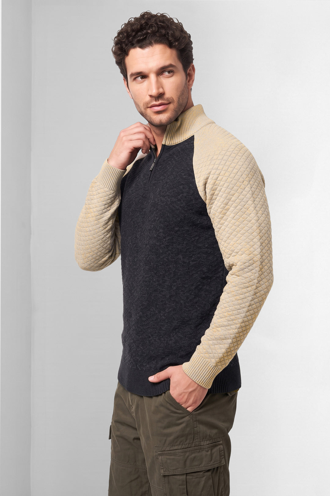 Black Cream Men Textured Colorblock High Neck Half-Zip Sweater