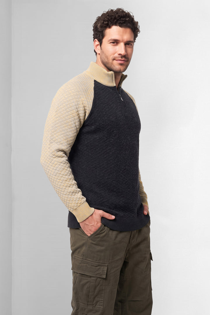 Black Cream Men Textured Colorblock High Neck Half-Zip Sweater