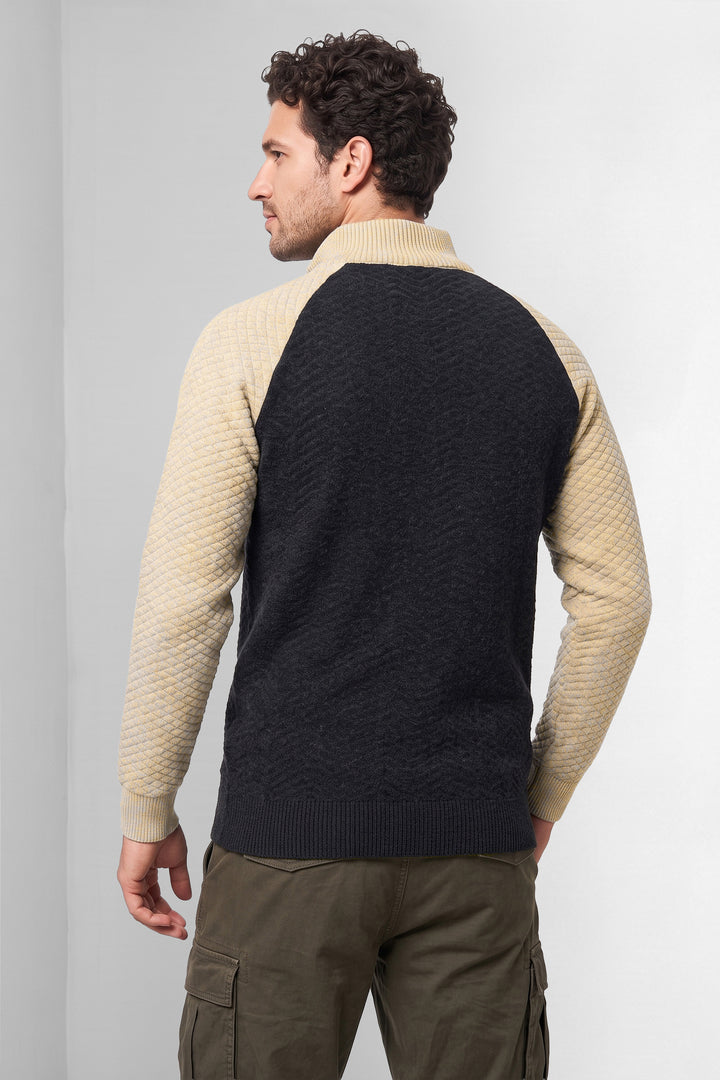 Black Cream Men Textured Colorblock High Neck Half-Zip Sweater
