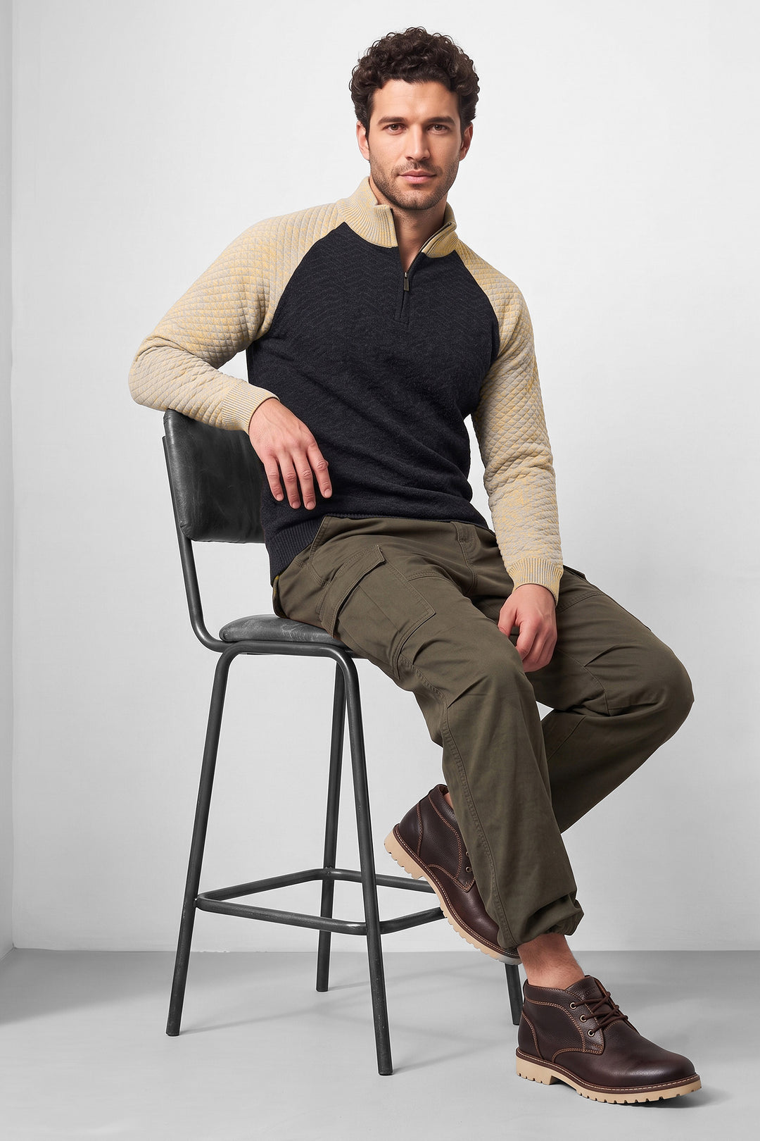 Black Cream Men Textured Colorblock High Neck Half-Zip Sweater