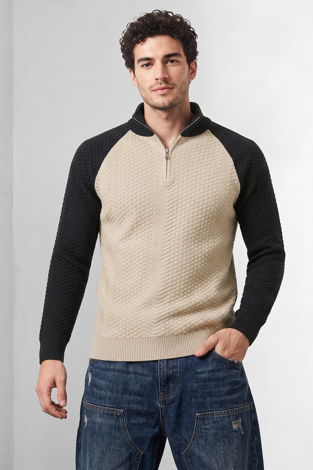 Cream Textured Colorblock High Neck Half-Zip Sweatshirt