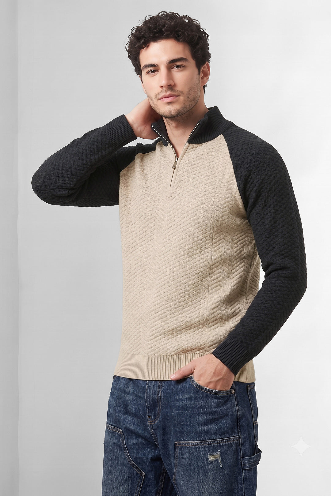 Cream Textured Colorblock High Neck Half-Zip Sweatshirt