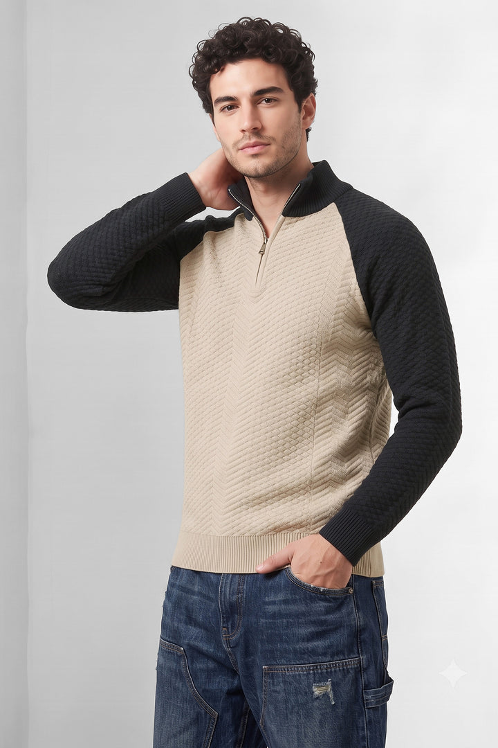 Cream Textured Colorblock High Neck Half-Zip Sweatshirt